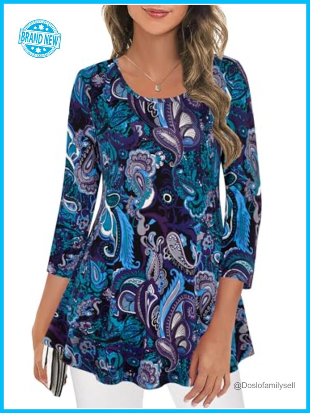Womens 3/4 Sleeve Floral Tunic Blouse Scoop Neck Boho Dressy Top